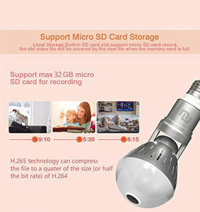 LED Light Bulb Camera Fisheye 2K 360° Panoramic View, WiFi Connection, Newest H.265