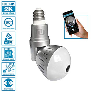 LED Light Bulb Camera Fisheye 2K 360° Panoramic View, WiFi Connection, Newest H.265